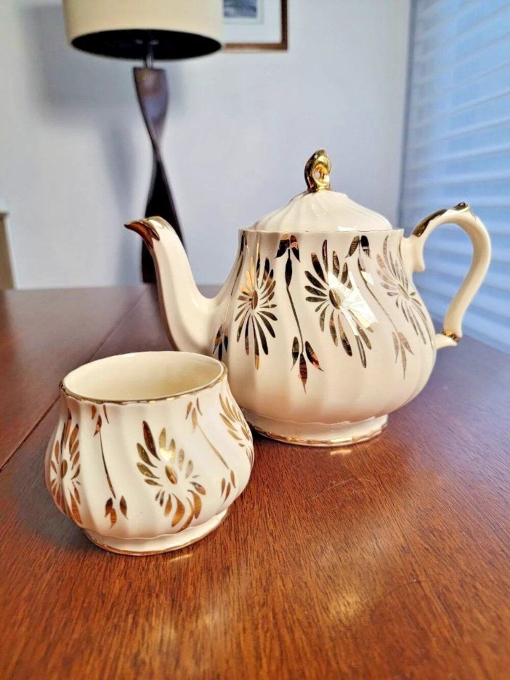 Vintage Sadler teapot and sugar dish; ivory and gold daisy swirl pattern